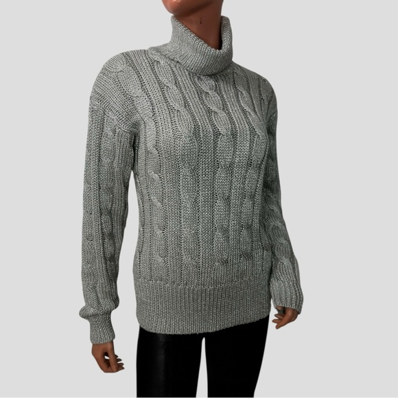 90s Liz Claiborne Women’s M Metallic Cable Knit Turtleneck Sweater Silver Gray - Picture 7 of 16